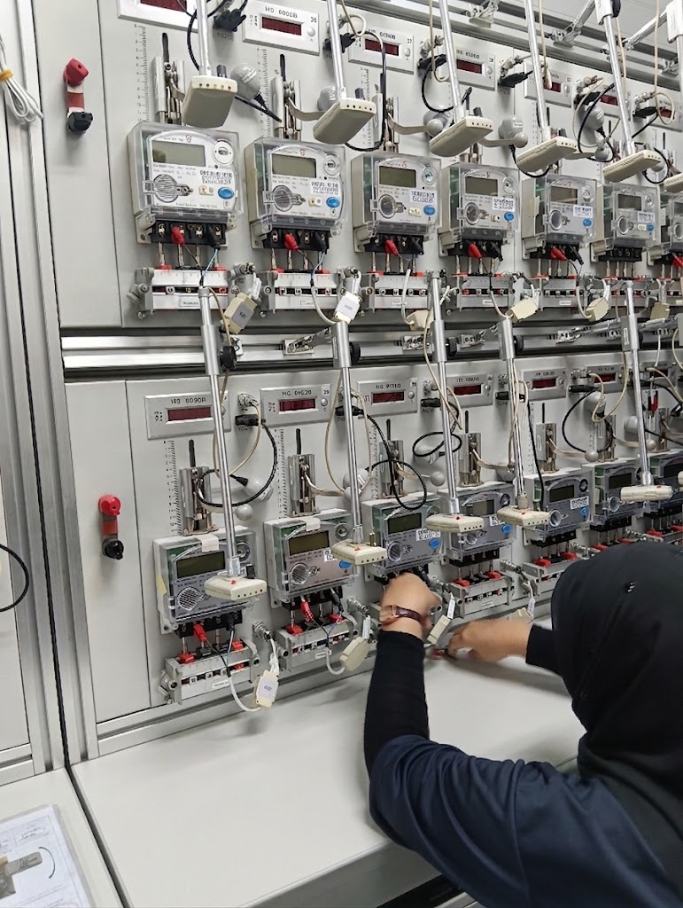 Technician calibrating electric meters on an automated laboratory test rack
